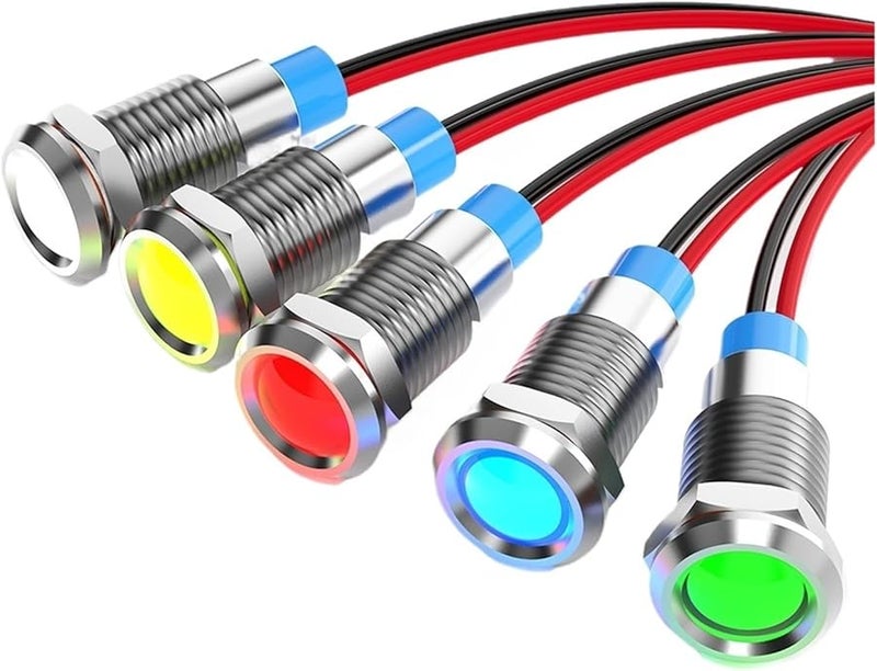 5PCS Yellow 8MM 12V LED Metal Indicator Light Signal Lamp Wires Switch - Image 1